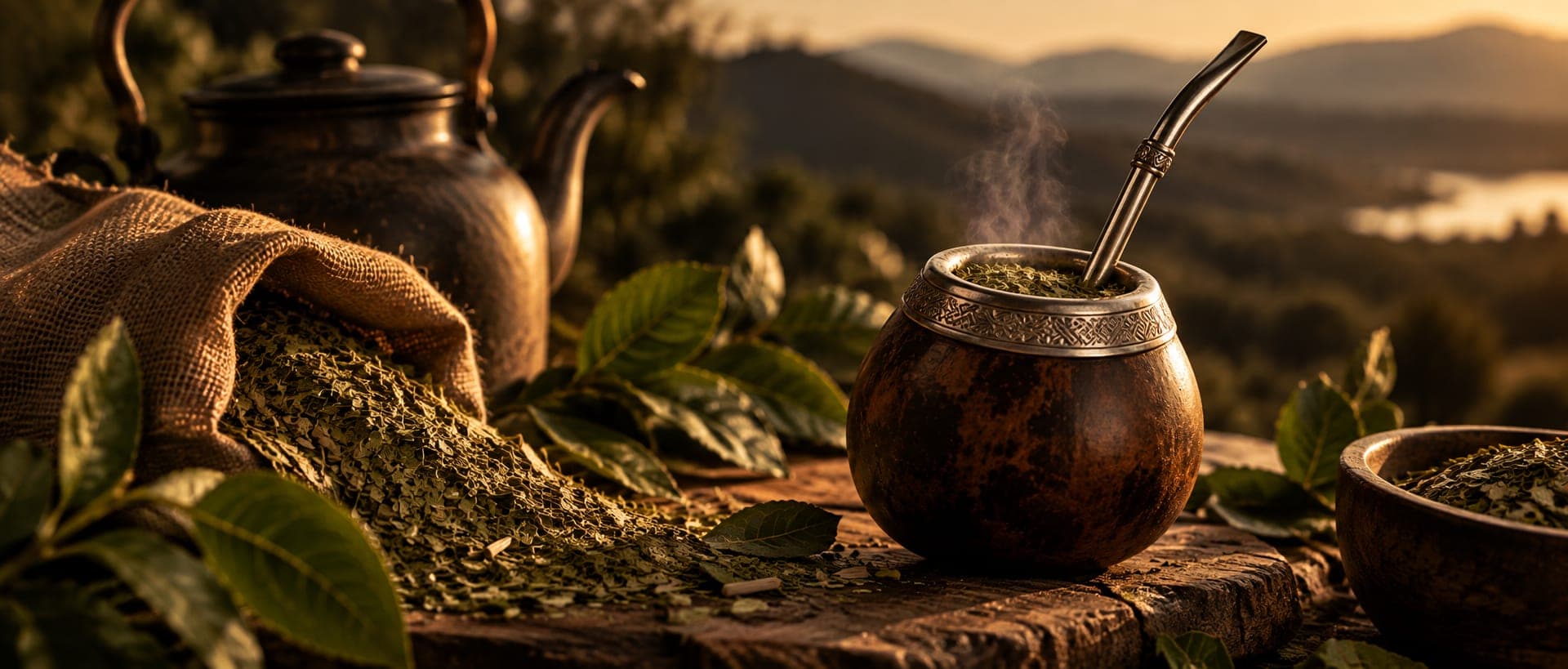 Un mate con la bombilla su un tavolo di legno, accanto a un sacco di yerba e a una teiera, al tramonto
