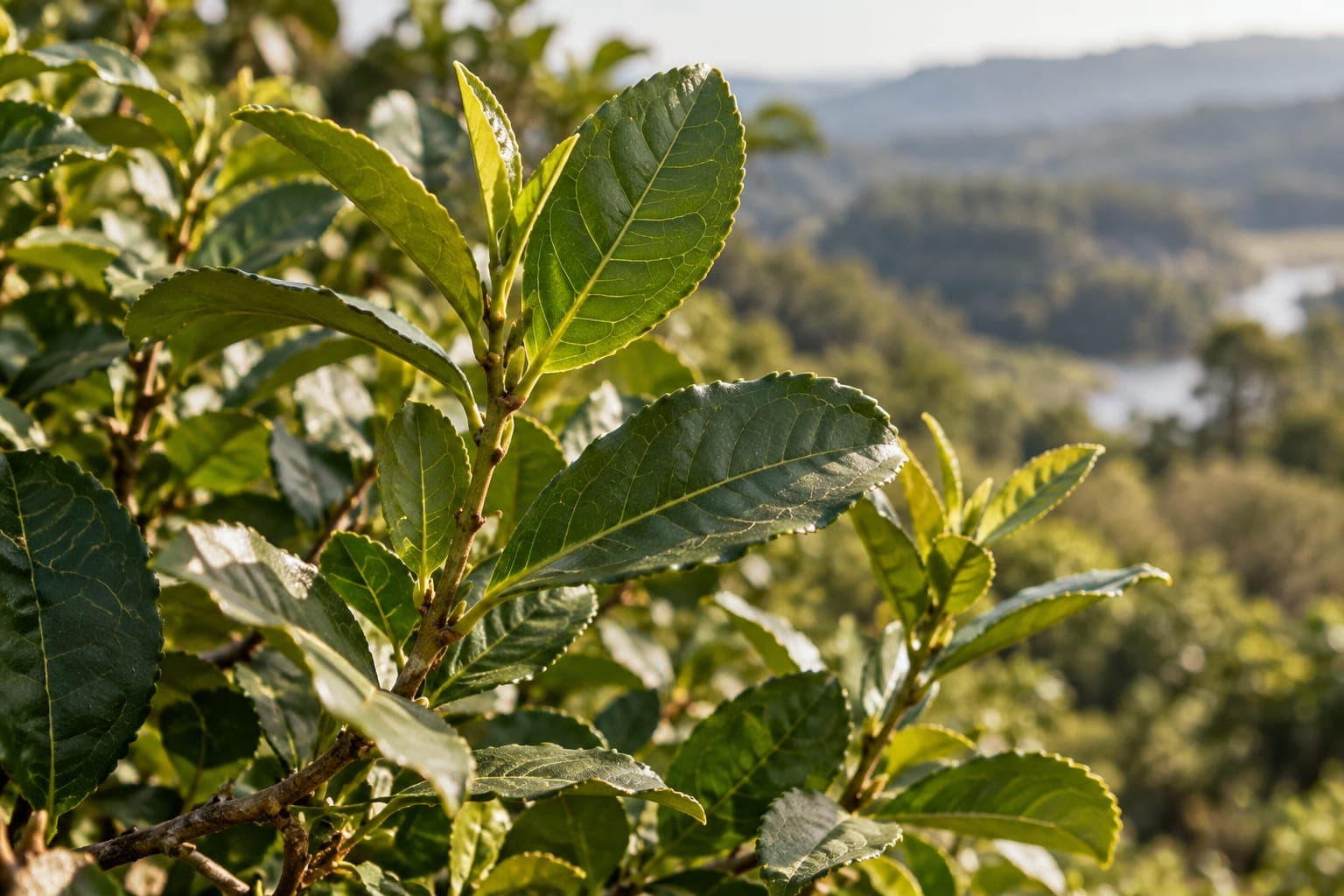 Un ramo di yerba mate: foglie verdi dal bordo seghettato, con le colline sullo sfondo.